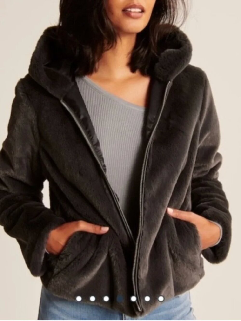 Abercrombie & Fitch | Cozy Faux Fur Jacket with Hood in Gray | Size Small